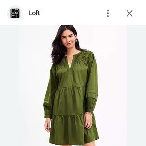 LOFT Green split neck Long Sleeve swing Dress